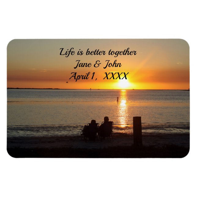 Couple Sit On Beach At Sunset Anniversary Magnet (Horizontal)