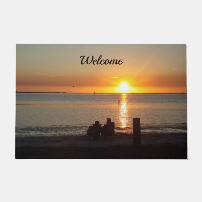 Couple Sit On Beach At Sunset Door Mat (Front)