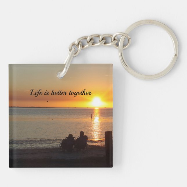 Couple Sit On Beach At Sunset Keychain (Back)
