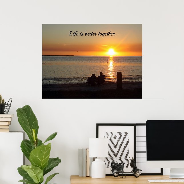 Couple Sit On Beach At Sunset Poster (Home Office)