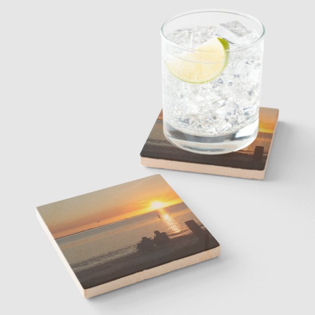 Couple Sit On Beach At Sunset Stone Coaster (Side)