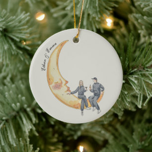 Couple Sitting on Moon Watercolor Ornament
