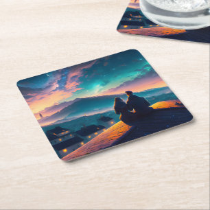 Couple Sitting On The Roof Square Paper Coaster