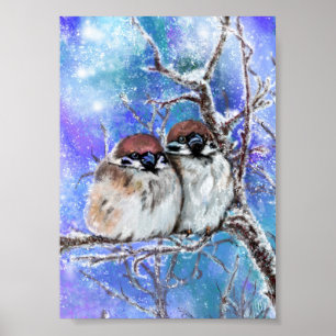 Couple Sparrow In Winter Poster