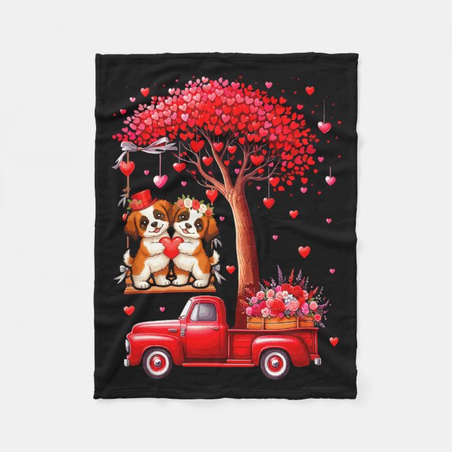 Couple St. Bernards Valentine Hearts Tree Pickup T Fleece Blanket (Front)