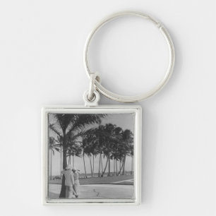 Couple standing at palm tree Rear view B&W Key Ring