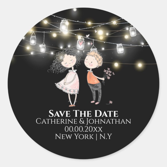 Couple standing under mason jar lights night  classic round sticker (Front)