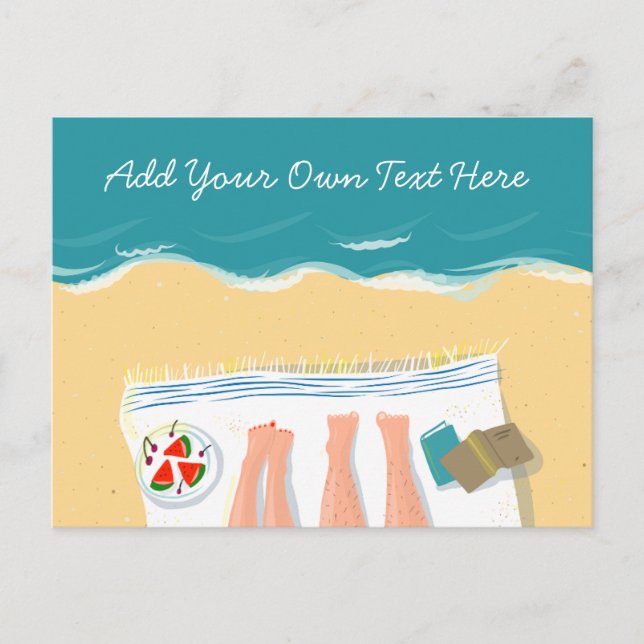 Couple Sunbathing on Beach Custom Text Holiday Postcard (Front)