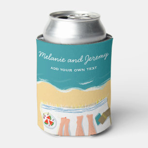 Couple Sunbathing on Beach Personalised Can Cooler