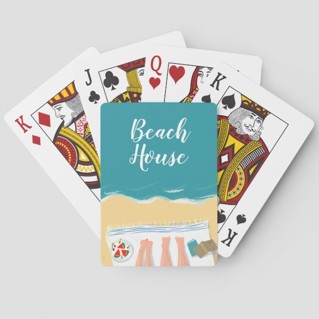 Couple Sunbathing Seaside Illustration Beach House Playing Cards (Back)