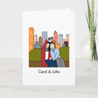 Couple taking selfie- personalised cartoon card