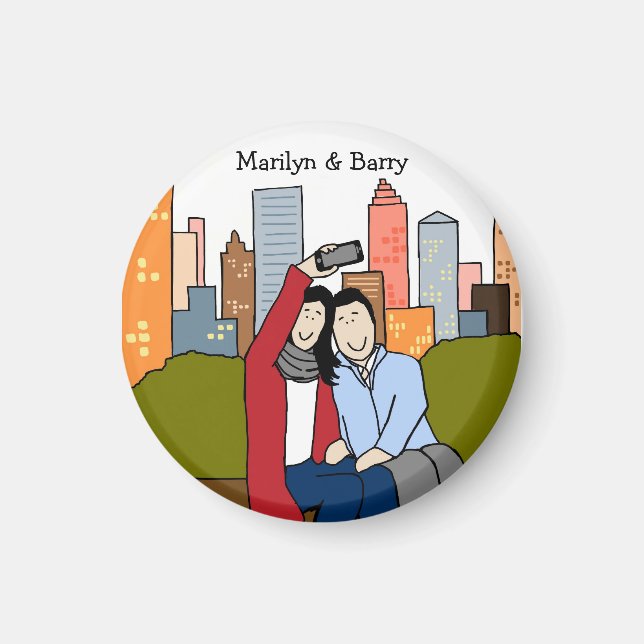 Couple taking selfie- personalised cartoon magnet (Front)