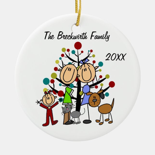 Couple, Toddler Girl, Dog, Cat Holiday Ornament (Front)
