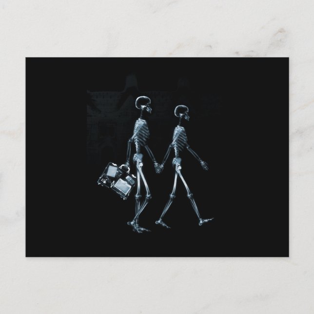 Couple Travelling X-Ray Vision Skeletons - Blue Postcard (Front)