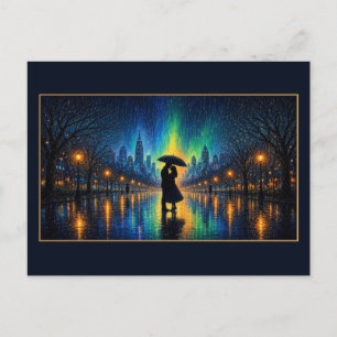 Couple Under Umbrella City Lights in the Rain Postcard