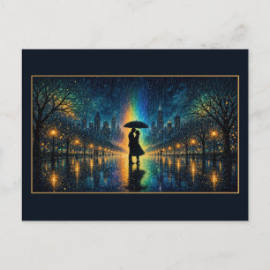Couple Under Umbrella Rainbow Rain City Night Postcard