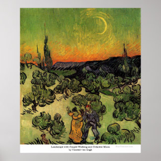 Couple Walking and Crescent Moon by van Gogh Poster