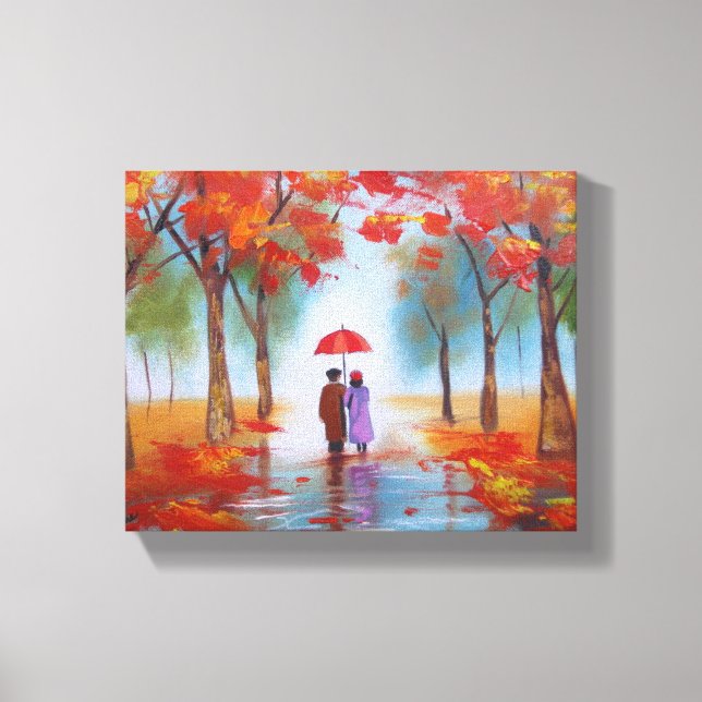 Couple walking in a forest autumn rainy day canvas print (Front)