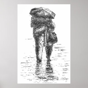 Couple walking in the rain poster