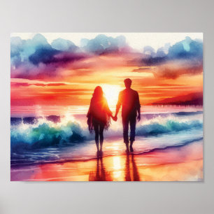 Couple Walking On Beach  Poster
