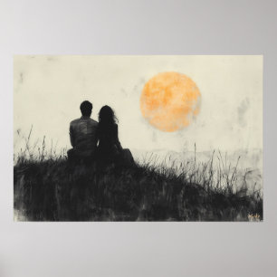 Couple Watching Sunset in Black and White Art Poster