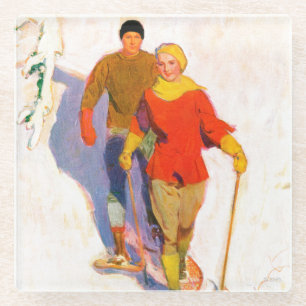 Couple Wearing Snowshoes by McClelland Barclay Glass Coaster