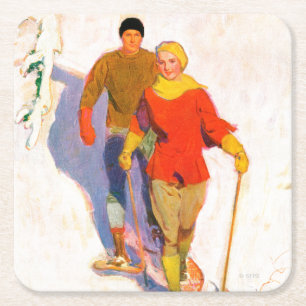 Couple Wearing Snowshoes by McClelland Barclay Square Paper Coaster