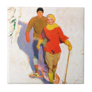 Couple Wearing Snowshoes by McClelland Barclay Tile