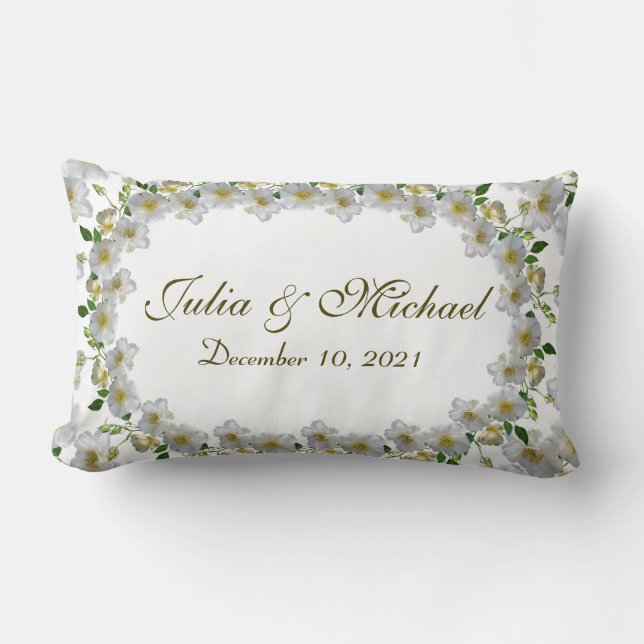 Couple Wedding Gift White Roses Greenery Lumbar Cushion (Front)
