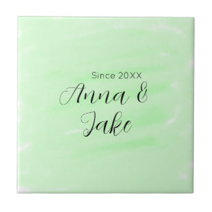 Couple wedding name date green watercolor pastel l tile