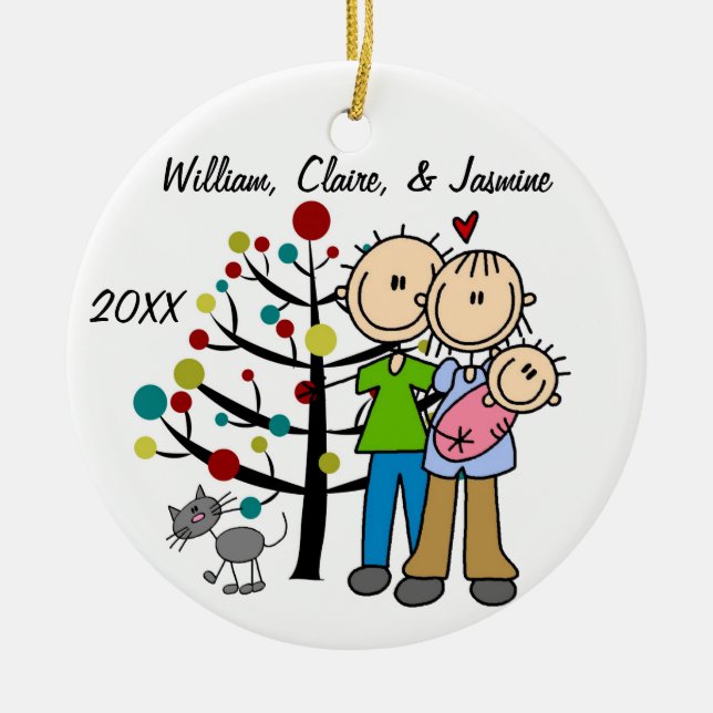 Couple With Baby Girl and Cat Custom Ornament (Front)