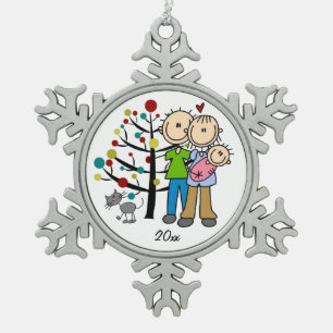 Couple With Baby Girl and Cat  Snowflake Ornament