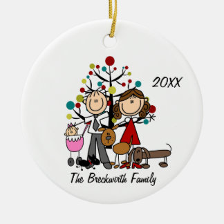 Couple with Baby Girl Two Dogs Ceramic Tree Decoration