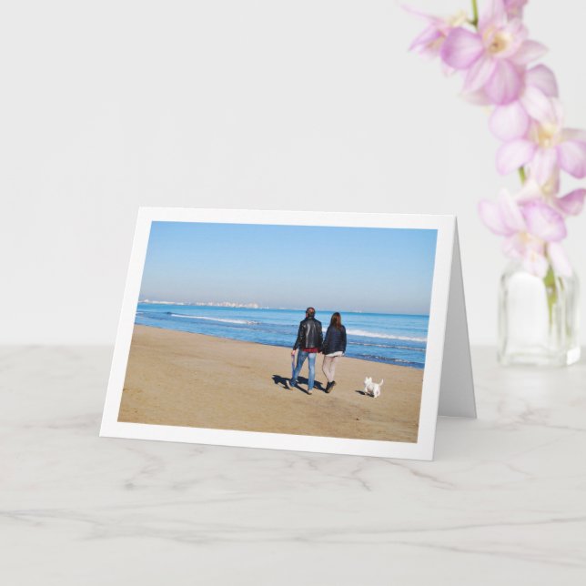 Couple with Dog on Beach, Valencia, Spain Card (Orchid)