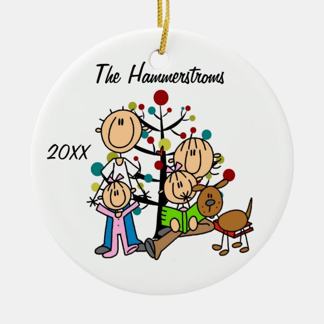 Couple With Two Girls, Dog Custom Holiday Ornament (Front)
