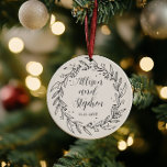Couple Wreath Names | Wedding Date Photo Keepsake Ceramic Tree Decoration<br><div class="desc">Simple and elegant leaf and vine wreath design with couple's names and wedding date on front with photo on back.</div>