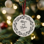 Couple Wreath Names | Wedding Date Photo Keepsake Ceramic Tree Decoration<br><div class="desc">Simple and elegant leaf and vine wreath design with couple's names and wedding date on front with photo on back.</div>