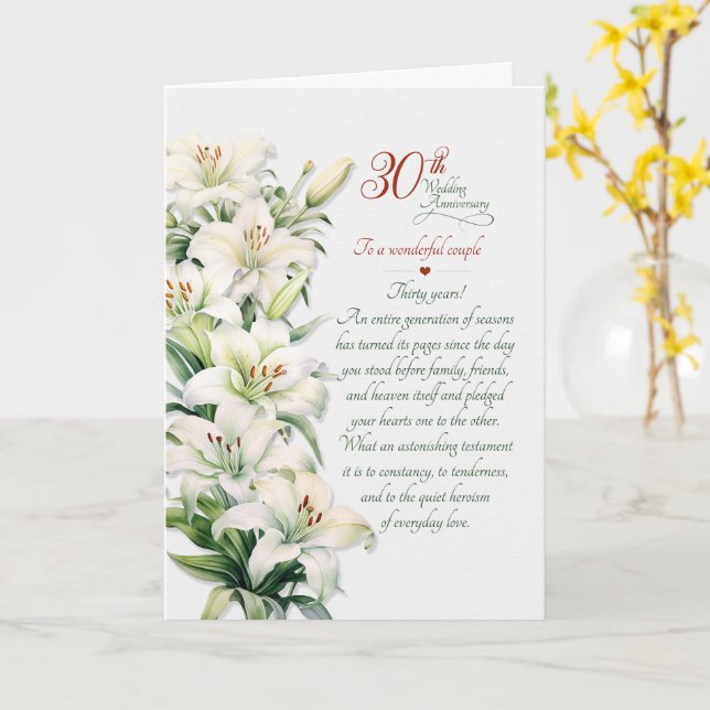 Couple's 30th Wedding Anniversary White Lilies Card (Yellow Flower)