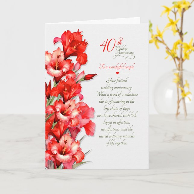 Couple's 40th Wedding Anniversary Red Gladiolus Card (Yellow Flower)