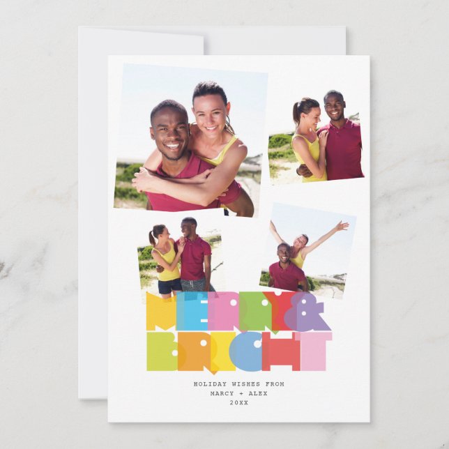 Couples 4 Photo Collage Merry And Bright Christmas Holiday Card (Front)