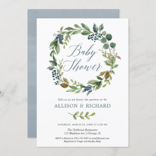 Couples baby shower, gender neutral greenery blue invitation