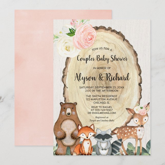 Couples baby shower girl pink woodland animal invitation (Front/Back)