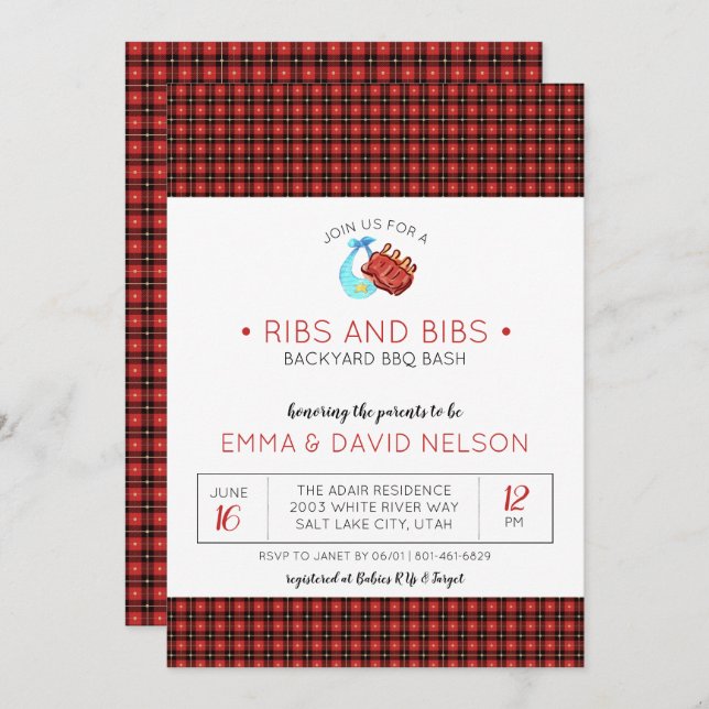 Couples Baby Shower | Ribs & Bibs Invitation (Front/Back)