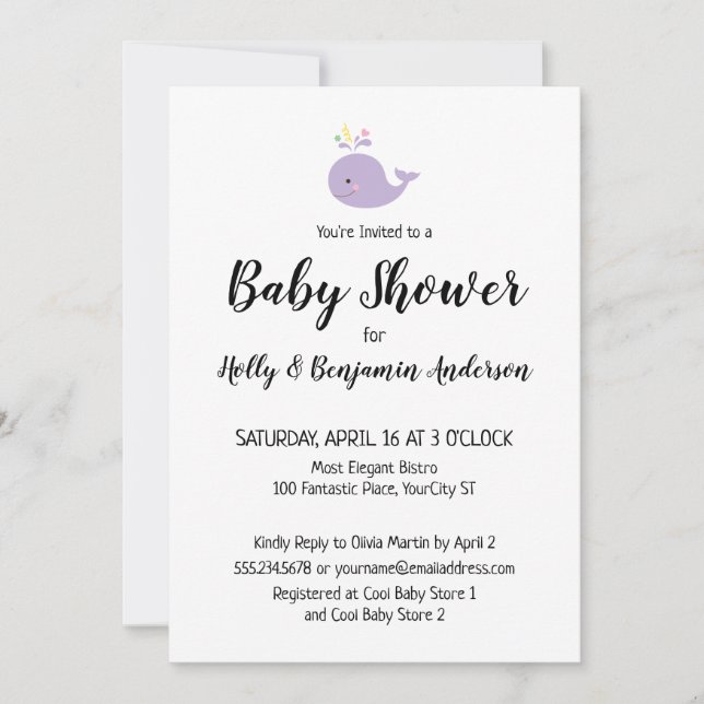 Couples Baby Shower Simple Lavender Whale Invitation (Front)