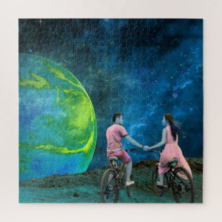 Couples Bicycle Ride on Moon Outer Space Jigsaw Puzzle