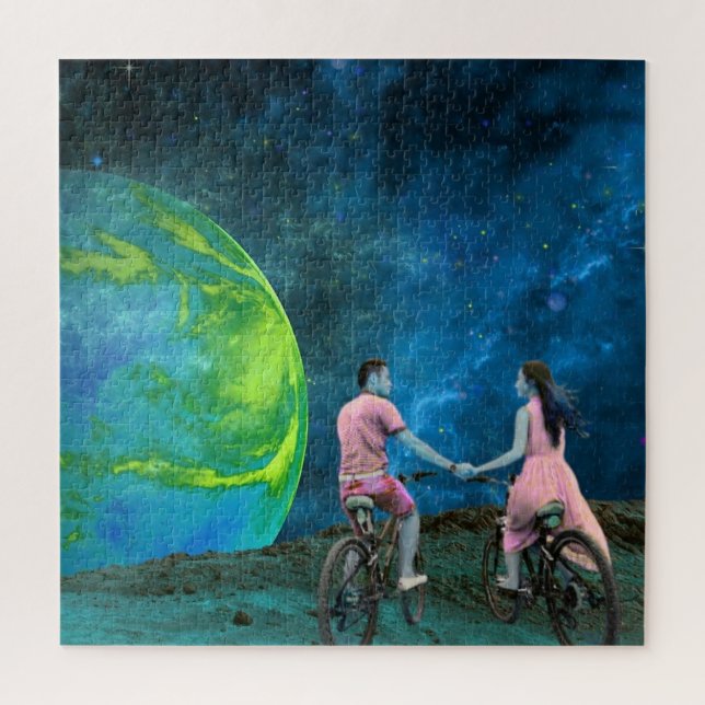 Couples Bicycle Ride on Moon Outer Space Jigsaw Puzzle (Vertical)