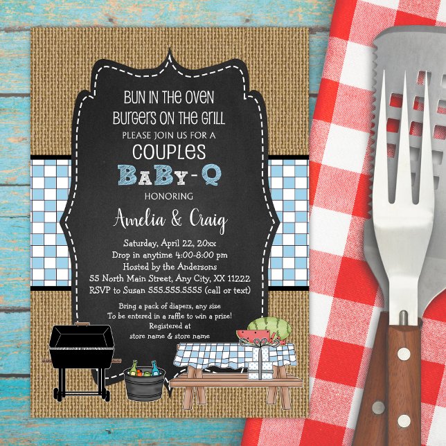 Couples BOY Baby Q, burgers on the grill Invitation (Creator Uploaded)