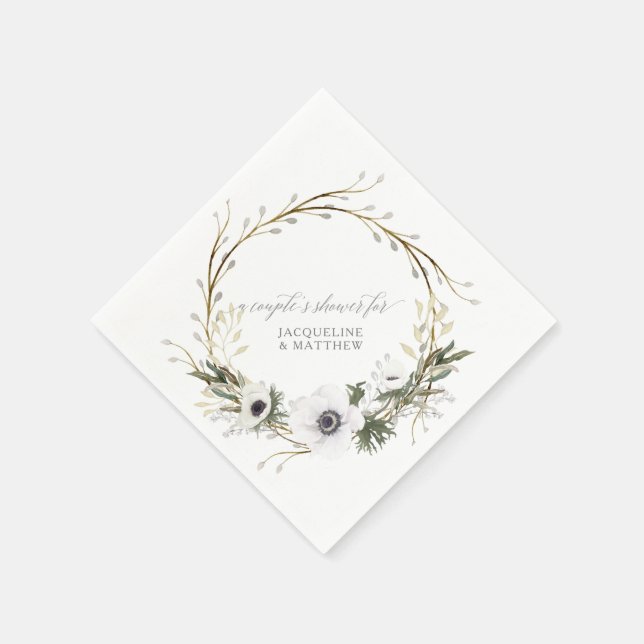 Couples Bridal Shower Floral Wreath Anemone Rustic Napkin (Corner)