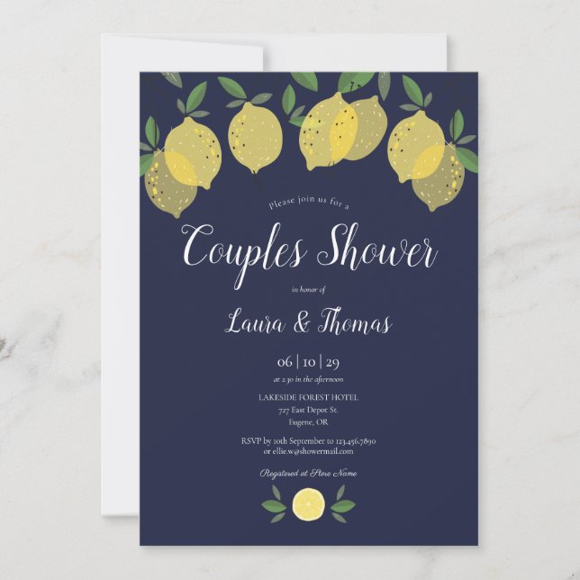 Couples Bridal Shower Lemons Navy Blue Invitation (Front)