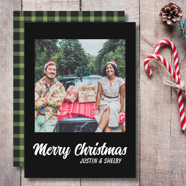 Couples Christmas Holiday Photo Card (Merry Christmas Photo Holidat Flat Card in Green & Black Plaid. )